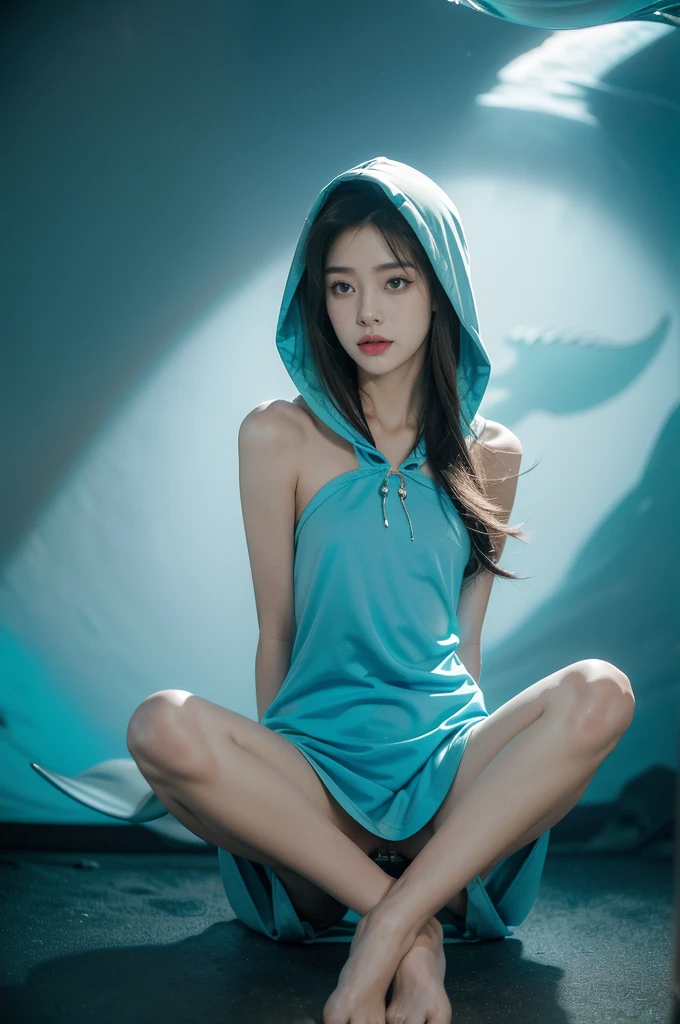 (((best quality))),(((ultra detailed))),(((masterpiece))),illustration,(1 beautiful girl,shark girl,solo),((slim,thin,small breasts,flat chest)),aquarium,summer night,(sleek sharkhead-hooded shirt-dress:1.3),shimmering hues,enchanting aura,(shoulder length straight bob hair:1.2),ocean-blue locks,shiny seaweed,porcelain skin,neon lights,emerald eyes,sharp gaze,delicate shark fin,translucent membrane,dancing fish,vibrant colors,undulating water,salty scent,distant waves,coral reef,gentle shadows,serene ambiance,electric atmosphere,Alezandra,oceanic magic,allure,enchantment,vision,extraordinary presence,((from front,full body,arms behind back,spread legs apart))