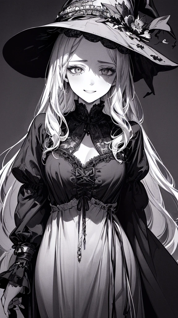 Highest quality, (Background details), High Contrast, so beautiful, Detailed original illustrations, Sensual, , witch, witch hat, Black Robe, Elf, Delicate face, charm, Spoiled brat, sexy, Real breasts, Small breasts、Crazy Smile, Crazy Eyes, Black background, (Black background: 1. 5) Beautiful line art, Monochrome