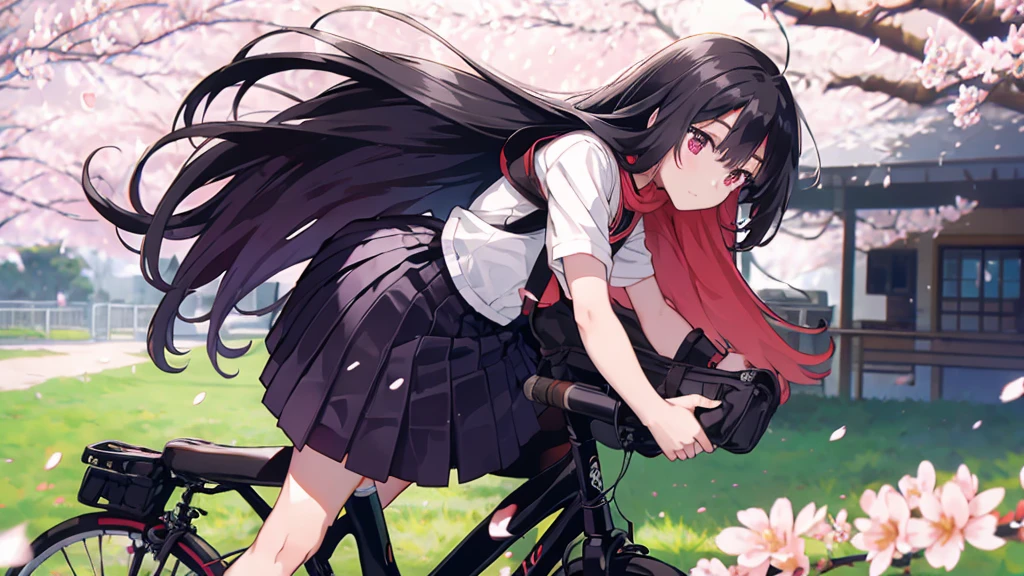 Girl with long flowing hair,Wear students,Carrying a black school bag on the back,Riding a white bicycle in a field of blooming cherry blossoms