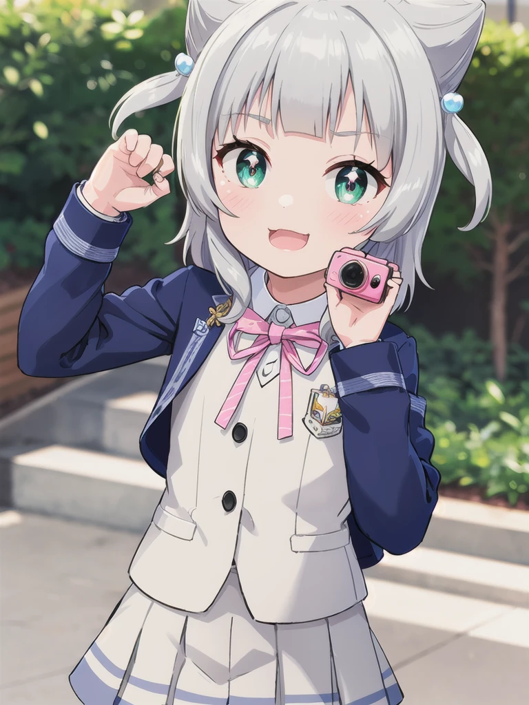 Outdoor,((the way)),, 1girl,Green Eyes, Grey Hair, hair ornaments, bangs, Virtual YouTuber,smile,heart shaped pupils, blunt bangs, Double Bang, Animal ears, Flat Chest,uniform,Navy Blue Blazer,White shirt,Pink ribbon,Grey Skirt,Pink Panties,I have a pink camera,Bring the camera closer to your face,Hold the camera,claw pose,Open your mouth wide,upper body