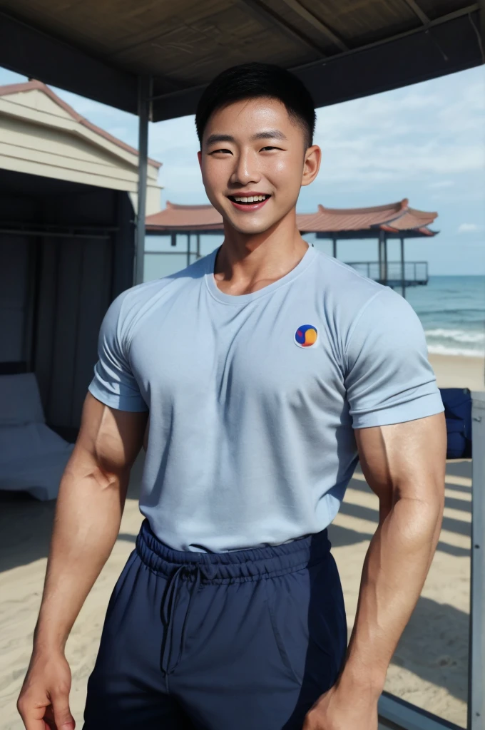 (Create a masterpiece: 1.2),(CGI art:1.3),(realistic:1.5),(After processing:1.3), (Sharp focus:1.3), 1 man, open mouth, smile, (Navy blue round neck shirt), Navy cargo pants, Korean guy , korean men, (High gloss details), chest muscles, large arm muscles, blood vessel, Big muscles, Broad shoulders, looking at the audience, Balancing the eyes, seaside beach sunlight