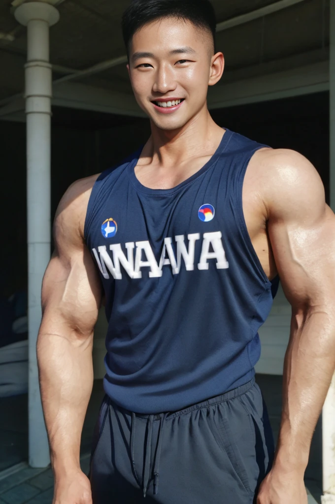 (Create a masterpiece: 1.2),(CGI art:1.3),(realistic:1.5),(After processing:1.3), (Sharp focus:1.3), 1 man, open mouth, smile, (Navy blue round neck shirt), Navy cargo pants, Korean guy , korean men, (High gloss details), chest muscles, large arm muscles, blood vessel, Big muscles, Broad shoulders, looking at the audience, Balancing the eyes, seaside beach sunlight