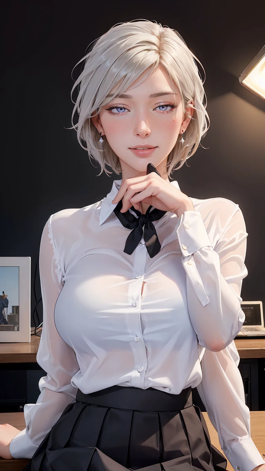 ((((masterpiece, best quality, high resolution)))), Extremely detailed 8K, Beautiful girl with voluptuous body, (Ultra HD, Ultra-detailed, Highly detailed, Highly realistic, Ultra-realistic, photograph realistic), (1girl:1.5), (Realistic white hair), (short wavy hair, hair ornaments, earrings), (dynamic poses), facing at camera, looking at viewer, (blushing red, embarrassed, exhausted, smile), (purple eyes, sharp eyes), (perky breasts:1.2), (beautiful detailed face, beautiful detailed eyes), ((unbuttoned white blouse, black office skirt)), (detail pussy), (leaning against desk), sweat, glow, (nightlight), ((cowboy shot)), office room, seductive