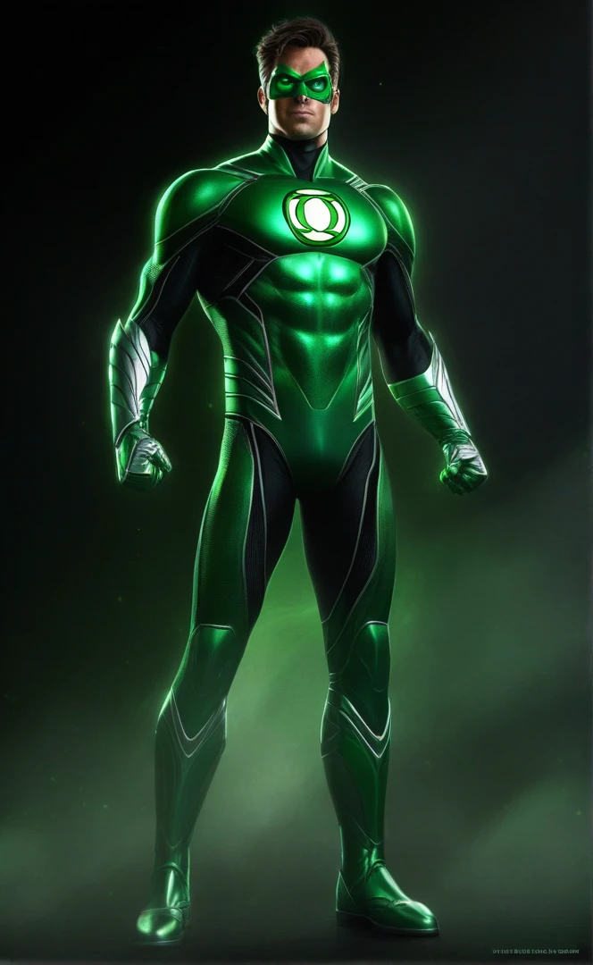 a close up of a man in a Green Lantern costume, Green Lantern, the Green Lantern, computer graphics, metallic green armor, green skin, computer graphicsist, green armor, green skin!!, smooth glowing armor, green body, trending on artstation", concept art h 8 0 0, expert high detail concept art, Concept art with high detail of 8 thousand., cg рендеринг
