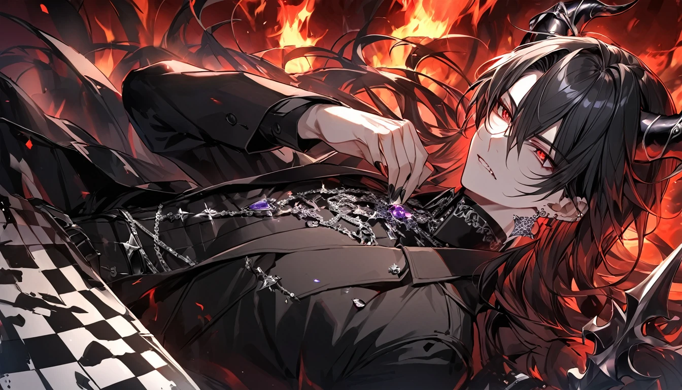 alone, good looking, 1 male, Long hair, Middle parted, Black hair, Red eyes, Black shirt, White Thailand, Black Trench Coat, Royal Silver Jewellery, Royal Demon Earrings, Black horns, Demon Crown, Demonic Greatsword, On Back, Demonic Black flames Aura, Playing Chess