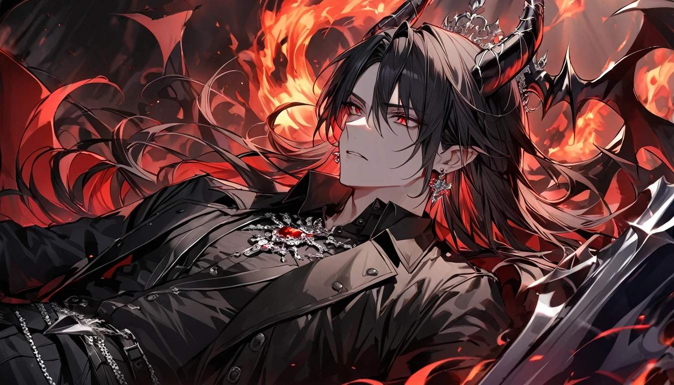 alone, good looking, 1 male, Long hair, Middle parted, Black hair, Red eyes, Black shirt, White Thailand, Black Trench Coat, Royal Silver Jewellery, Royal Demon Earrings, Black horns, Demon Crown, Demonic Greatsword, On Back, Demonic Black flames Aura, Playing Chess