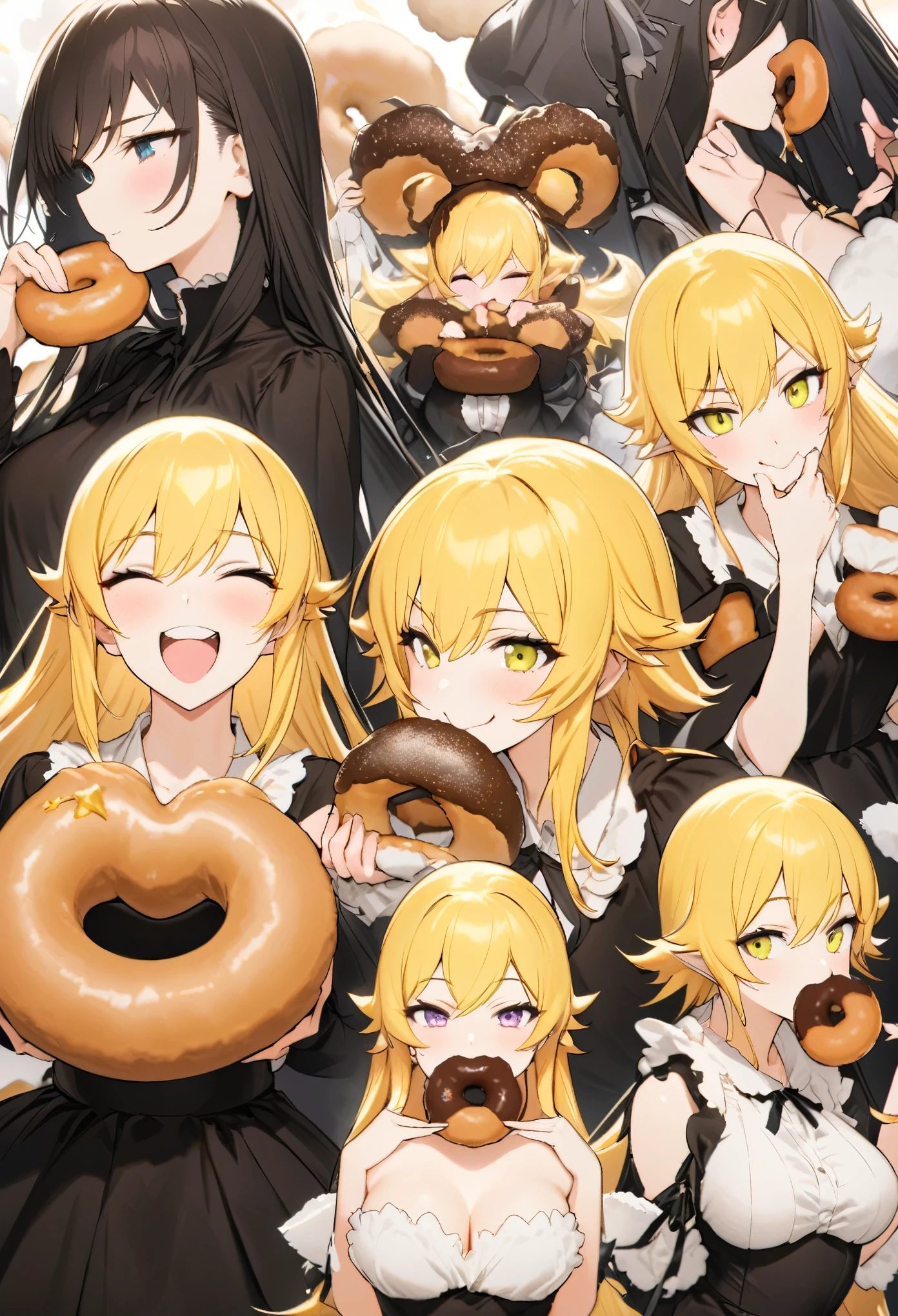 best quality, super fine, 16k, 2.5D, delicate and dynamic depiction, Kiss Shot Acerola Orion Heart Under Blade Shinobu Oshino finished product, stuffing a mouth full of Mister Donuts, satisfied expression, smiling face, sparkling and fluffy exciting effects