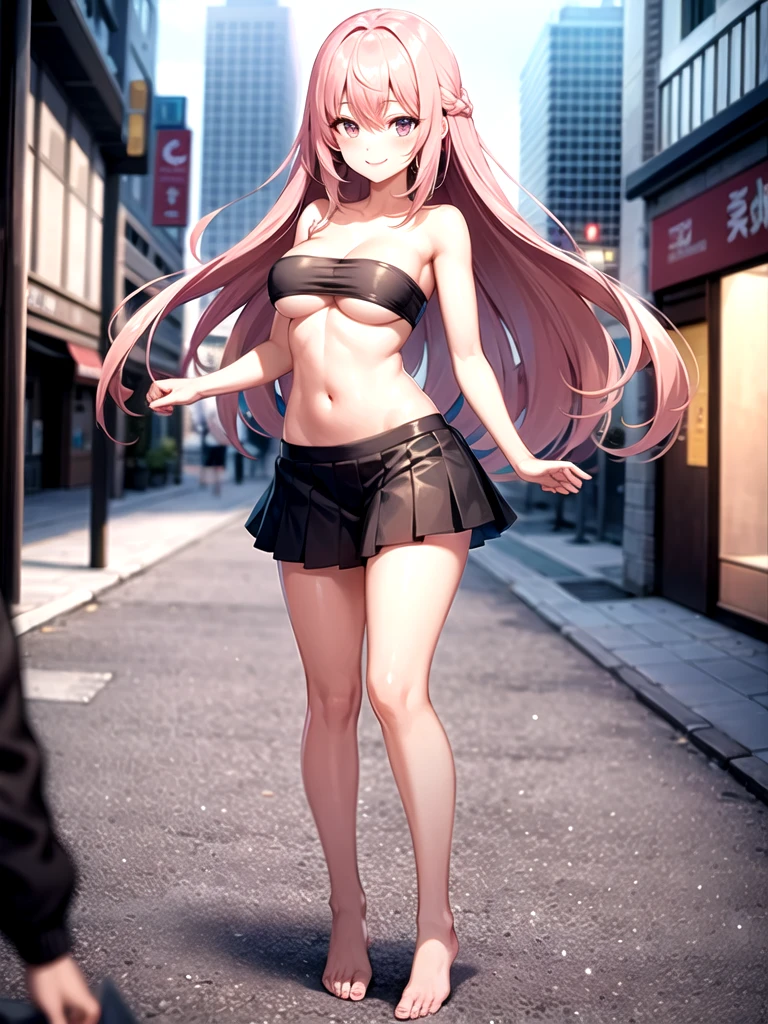 girl,Young,(masterpiece,Highest quality),Street,Completely naked,Bare shoulders、Gal、Pink Hair、smile、passionate、long hair、(Underboob),Big Breasts,Cleavage,(stomach),Mini tube top、looking at the camera、Ultra Micro Mini Pleated olo、Are standing、barefoot,In the city