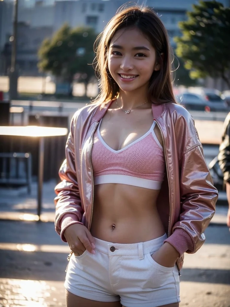 solo、((smile))、((Open Stance)),White shorts、Light pink sports bra、Jacket、Pedestrian precinct、Highest quality、masterpiece、Ultra-high resolution、(Photorealistic:1.4)、(((Staring at the audience)))、Ultra detailed face、Detailed Eye、double eyelid、(Sexy young woman&#39;s body:1.4),Beautiful kneey thighs are clean、