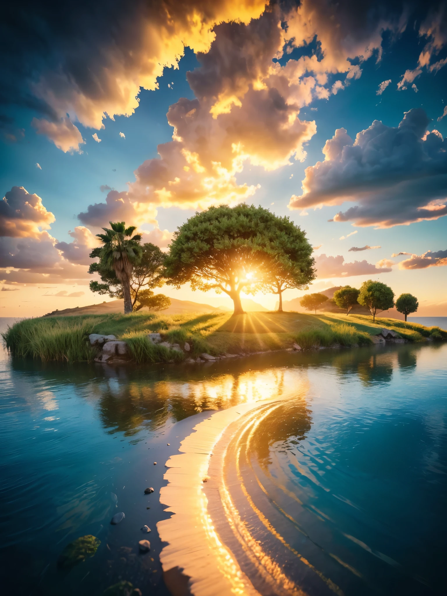 photorealistic landscape, natural landscape, naturey, Beleza Da naturey, Golden Sunset, Sky, Sky Power, Detailed Realistic Sunset, palmtrees, God's City, Heavens Realm, mountainscape, rivers of water, Sunset realism, Árvores naturey, Alone Men, man on his back, Man's Back, panorama, Alpha Male, Path to Heaven, heavenly, Detailed Realistic Image 8K, 16K Photorealistic Contrast, 8K Photorealistic Sharpness, 4K Photorealistic Cores, 16K Photorealistic Shadows, 8K Photorealistic Textures, 16K Photorealistic Texture, 4K Photorealistic Light, 4K PhotoRealism, FullHD 4K Detailed Contrast, detailed sharpness FullHD 8K, detailed sharpness FullHD 4K, detailed sharpness, 2K Detailed Colors, lifelike colors, FullHD Detailed Shadows, 4K Detailed Textures, detailed texture, padoru, Natural Beauty, chic