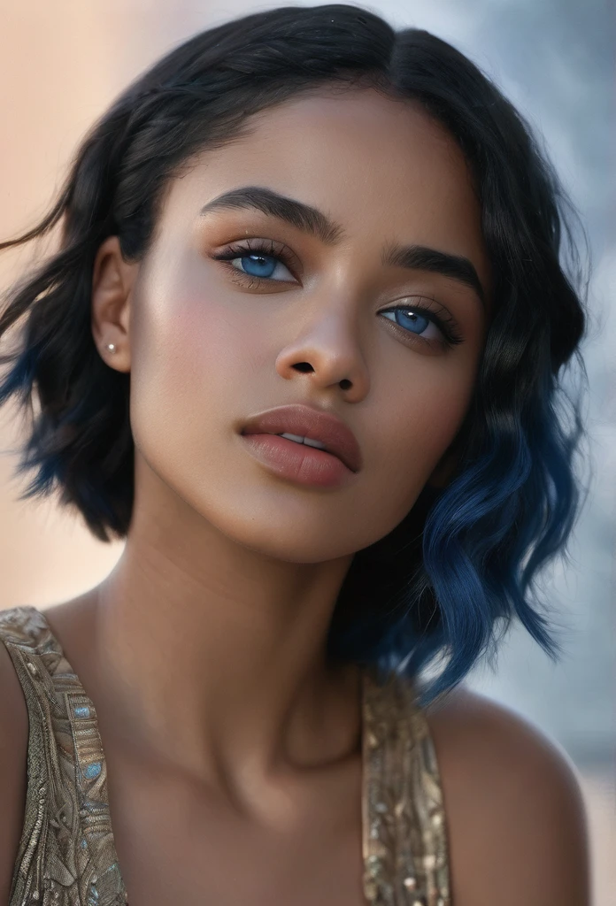 (best quality,4k,8k,highres,masterpiece:1.2),ultra-detailed,(realistic,photorealistic,photo-realistic:1.37),beautiful biracial woman,side view,extremely detailed face,blue hair,blue eyes,looking up,portrait,cinematic lighting,dramatic shadows,natural skin tones,flawless complexion,high fashion,elegant,serene expression