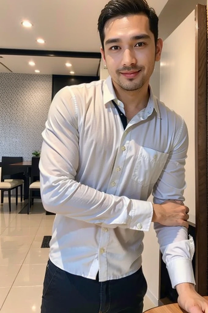Masterpiece, best quality High resolution, realistic, handsome, beautifully photographed, syahnk SFW, 35 year old portrait. (man: 1.2) Military press, amazing weight, short buzzcut hair, stubby head. , (too much muscle ),look at the viewer,Flirting with the camera,charming (Tight white shirt ),(GS-Masculine:1), 8K  UHD , standing in the dining room,