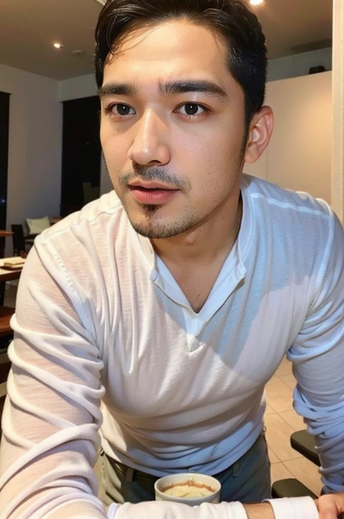 Masterpiece, best quality High resolution, realistic, handsome, beautifully photographed, syahnk SFW, 35 year old portrait. (man: 1.2) Military press, amazing weight, short buzzcut hair, stubby head. , (too much muscle ),look at the viewer,Flirting with the camera,charming (Tight white shirt ),(GS-Masculine:1), 8K UHD , standing in the dining room,