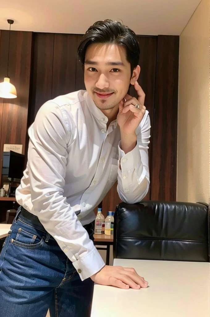 Masterpiece, best quality High resolution, realistic, handsome, beautifully photographed, syahnk SFW, 35 year old portrait. (man: 1.2) Military press, amazing weight, short buzzcut hair, stubby head. , (too much muscle ),look at the viewer,Flirting with the camera,charming (Tight white shirt ),(GS-Masculine:1), 8K UHD , standing in the dining room,