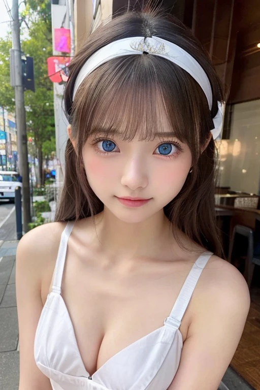 (Full body photo)、 girl), (Perfect hands:1.2), (Perfect Anatomy:1.2), (Highest quality:1.3), (masterpiece:1.3), (Very detailed:0.8), 18-year-old, Perfect Face, Cute and symmetrical face, Baby Face, Pink Lips, (:1.1), High resolution,   8K,  Happy, charm的な  (toru asakura: 1.3),  (Beautiful Face: 1.1), beautiful girl, cute, charm, beautiful detailed 顔, blue eyes, detailed 目s, Sparkling eyes, charm的な目の反射, Sparkling eyes, Pupil depth and three-dimensional effect, Small breasts、Detailed skin, Shiny skin, Cafe、Small Head,Small breasts、B cup breasts、Naked Apron、wearing a headband