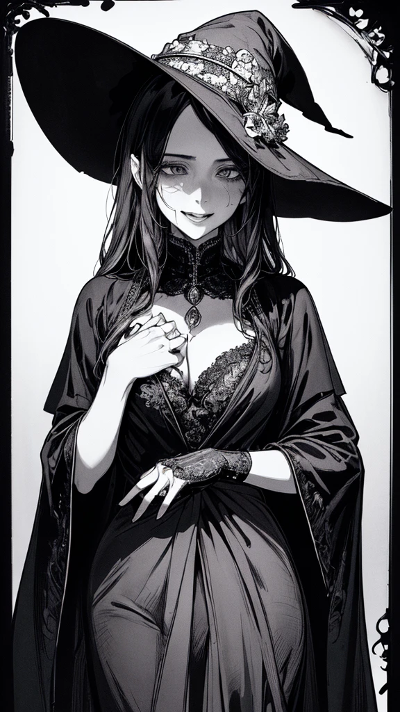 Highest quality, (Background details), High Contrast, so beautiful, Detailed original illustrations, Sensual, , witch, witch hat, Black Robe, Elf, Delicate face, charm, Spoiled brat, sexy, Real breasts, Small breasts、Crazy Smile, Crazy Eyes, Black background, (Black background: 1. 5) Beautiful line art, Monochrome