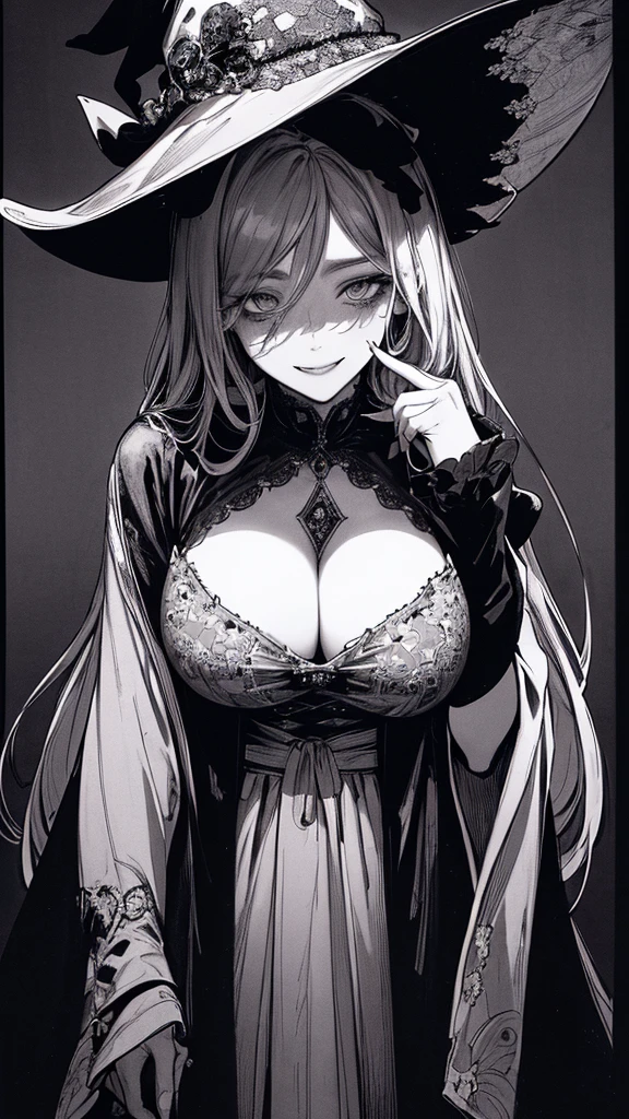 Highest quality, (Background details), High Contrast, so beautiful, Detailed original illustrations, Sensual, , witch, witch hat, Black Robe, Elf, Delicate face, charm, Spoiled brat, sexy, Real breasts, Small breasts、Crazy Smile, Crazy Eyes, Black background, (Black background: 1. 5) Beautiful line art, Monochrome