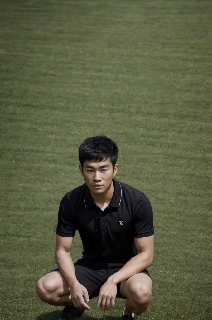 young asian man in a black polo shirt sitting on the grass with a serious expression, looking into the distance Turn your head slightly.,daytime