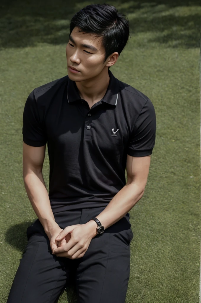 young asian man in a black polo shirt sitting on the grass with a serious expression, looking into the distance Turn your head slightly.,daytime