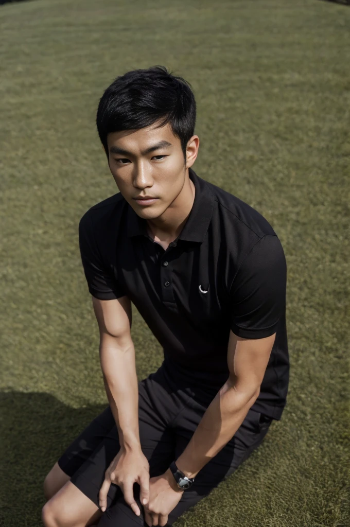 young asian man in a black polo shirt sitting on the grass with a serious expression, looking into the distance Turn your head slightly.，daytime