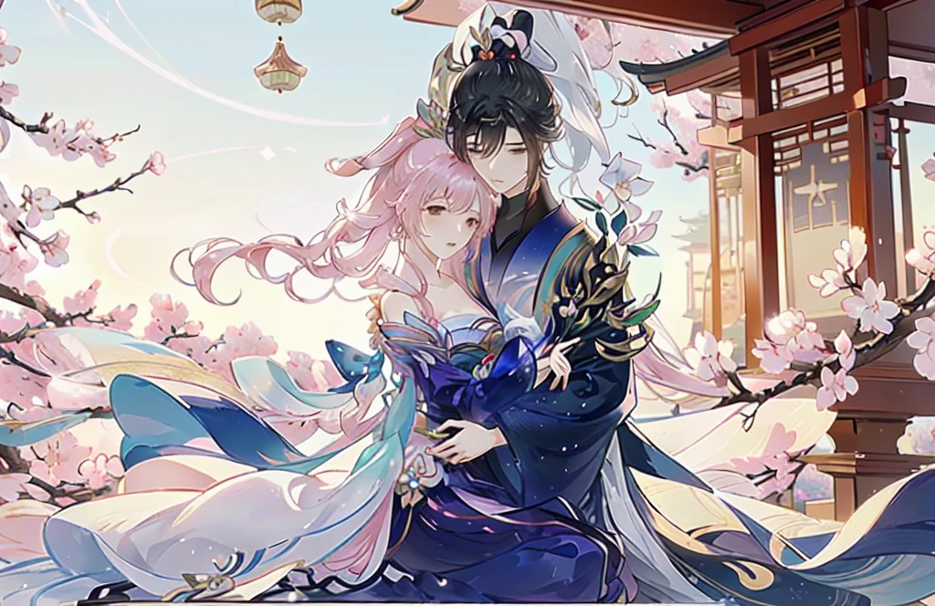Anime couple hugging in front of beautiful cherry blossom tree, Gu Weiss, artwork in the style of Gu Weiss, guys, WLOP 和 Sakimichan, author:Yang J, Popular on cgstation, Gu Weiss on pixiv artstation, palace , Girl wearing Hanfu, Anime Cover, comics, Beautiful fantasy anime, Genshin Impact