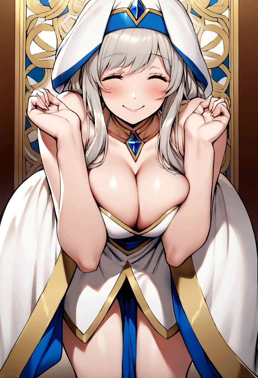Looking forward, cleavage, priestess, happy, arms together, arms stretch forward, lean forward, bare skin, less clothing, arms straight, breast squish