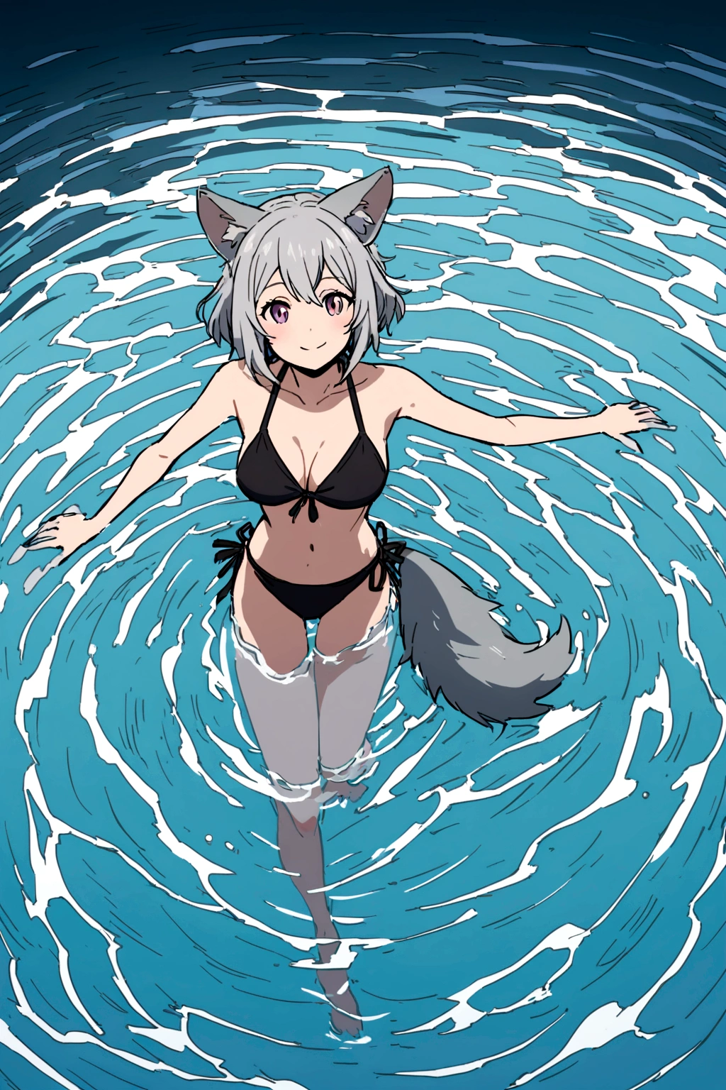 Anime humanoid woman with wolf features with ears and tail with gray hair wearing a swimsuit or bikini smiling, the woman's full body and immersed in the water as if swimming