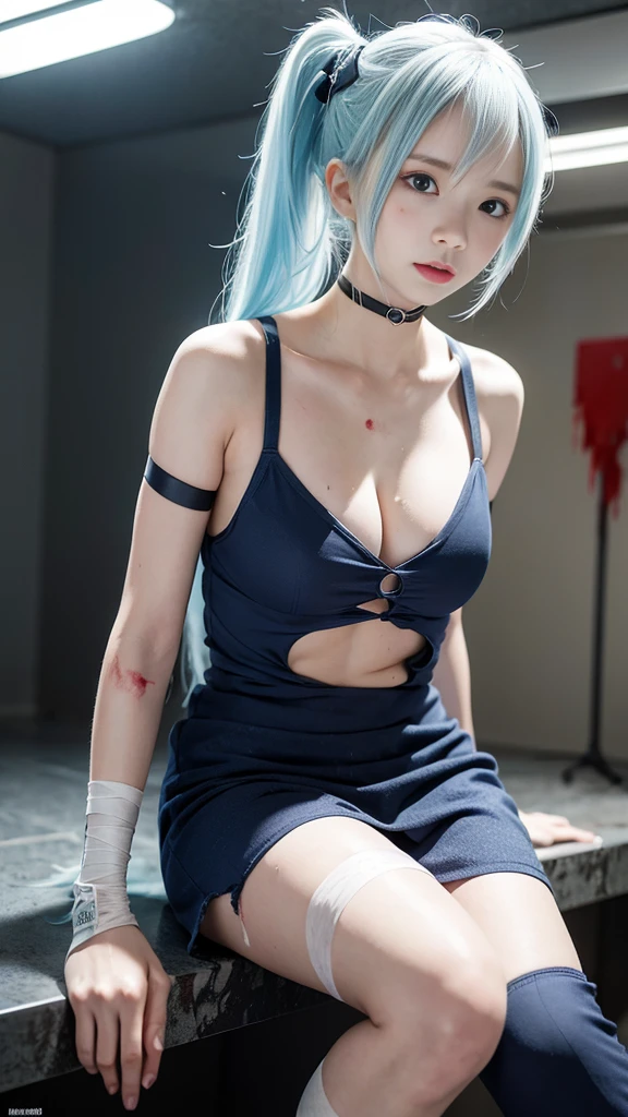 hatsune miku、Blue skin and face、masterpiece, Highest quality, The finest details, 1 Girl, break, Horror, (( injured girl, Blood, 出Blood, Injury)), Shiny white hair, ((Jewel-like red eyes)), Anime Highlight Eyes, ((Damaged clothes, Dirty clothes, Bloodstained clothes, Scarred skin, Battle Damage, Bandaged arm, Bandaged leg)), (Yandere:1.3), break, (The background is a modern hospital, The collapsed hospital), break, Cinema Lighting, Action Movies, dynamic, (Beautiful girl action actor, Baby F Motion Blur, Depth of written boundary, 35mm, Sony FE, One girl,
