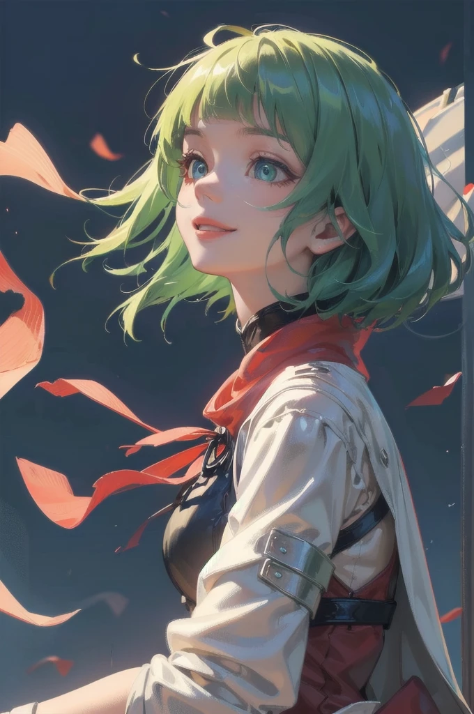 (8K, RAW Photos, of the highest quality, Masterpieces: 1.2), (Realistic, Photorealistic: 1.37), Highest Quality, Ultra High Resolution, light leaks, Dynamic lighting, (Fair skin: 1.2), (Glossy skin: 1.1), Oiled skin, 26 years old, shiny green hair, bob hair, Well-formed, Hair fluttering in the wind, (look up and smile:1.3), short bangs, (armor:1.3), wearing a cloak, Beautiful eyes, focused eyes, Slim, (upper body:1.1), (looking up on into the sky: 1.4), stormy sky, (Cute:1.2), beautiful body shape, Hair volume decreases towards the ends of the hair, Beautiful skin without blemishes, Sparkly lips, The air is misty, (medium breasts:1.2),