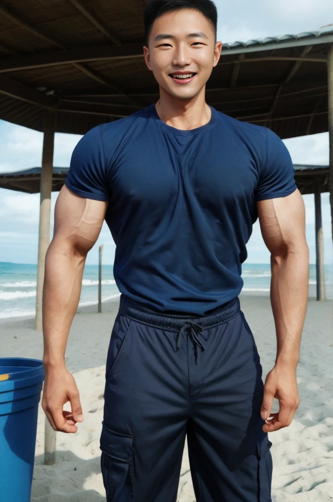 (Create a masterpiece: 1.2),(CGI art:1.3),(realistic:1.5),(After processing:1.3), (Sharp focus:1.3), 1 man, open mouth, smile, (Navy blue round neck shirt), Navy cargo pants, Korean guy , korean men, (High gloss details), chest muscles, large arm muscles, blood vessel, Big muscles, Broad shoulders, looking at the audience, Balancing the eyes, seaside beach sunshine looking at the sea