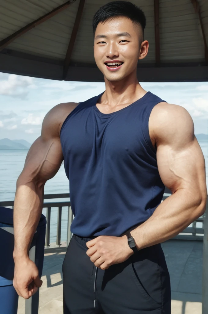 (Create a masterpiece: 1.2),(CGI art:1.3),(realistic:1.5),(After processing:1.3), (Sharp focus:1.3), 1 man, open mouth, smile, (Navy blue round neck shirt), Navy cargo pants, Korean guy , korean men, (High gloss details), chest muscles, large arm muscles, blood vessel, Big muscles, Broad shoulders, looking at the audience, Balancing the eyes, seaside beach sunshine looking at the sea