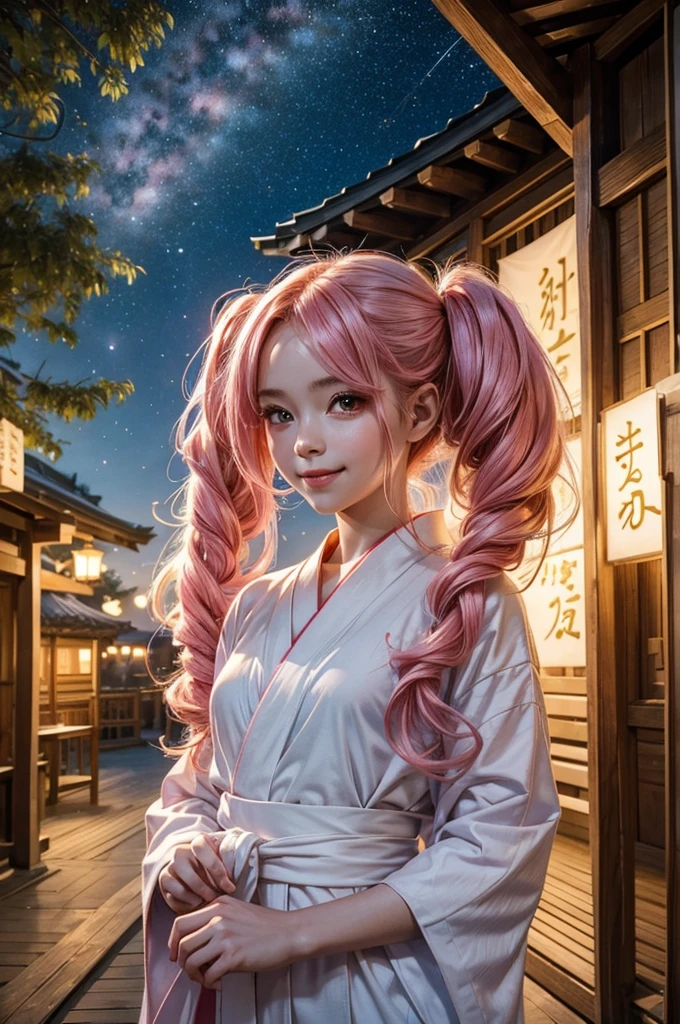 Perfect human body modeling, 1girl, small breasts, beautiful girl, cute girl and idol face, young face, smile, Beautiful long pink hair, twintails, Beautiful shining red eyes, white skin, Short body, Festival of the Weaver July 7th, blue yukata light cotton kimono worn in the summer or used as a bathrobe, Milky Way, starry sky, Many strips of paper are hung on bamboo branches