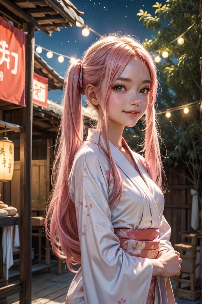 Perfect human body modeling, 1girl, small breasts, beautiful girl, cute girl and idol face, young face, smile, Beautiful long pink hair, twintails, Beautiful shining red eyes, white skin, Short body, Festival of the Weaver July 7th, blue yukata light cotton kimono worn in the summer or used as a bathrobe, Milky Way, starry sky, Many strips of paper are hung on bamboo branches