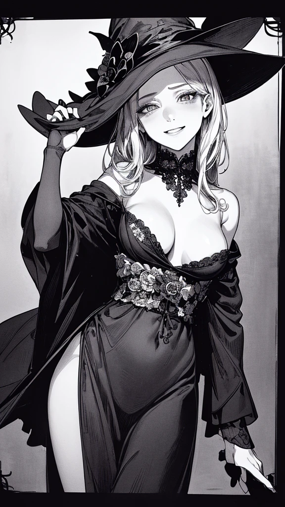 Highest quality, (Background details), High Contrast, so beautiful, Detailed original illustrations, Sensual, , witch, witch hat, Black Robe, Elf, Delicate face, charm, Spoiled brat, sexy, Real breasts, Small breasts、Crazy Smile, Crazy Eyes, Black background, (Black background: 1. 5) Beautiful line art, Monochrome