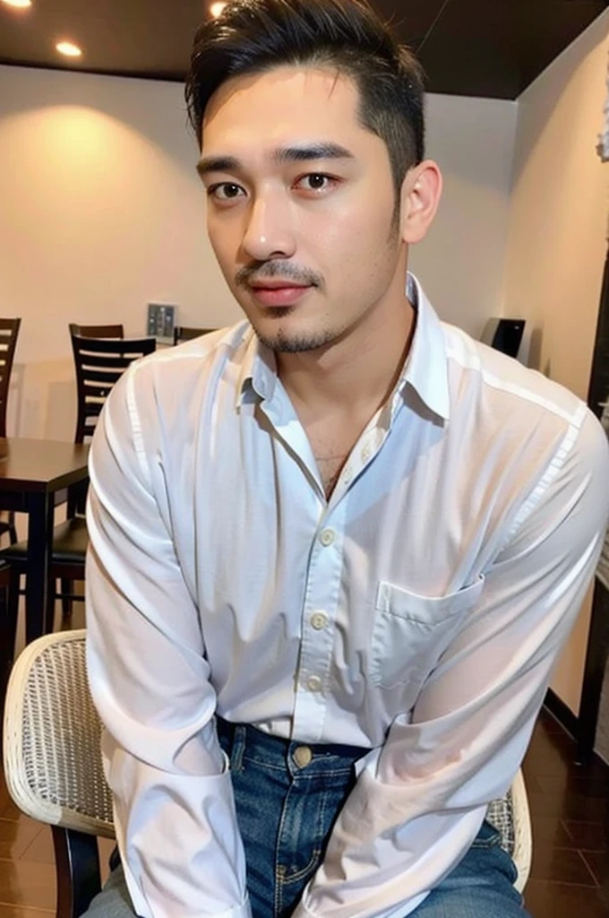 Masterpiece, best quality High resolution, realistic, handsome, beautifully photographed, syahnk SFW, 35 year old portrait. (man: 1.2) Military press, amazing weight, short buzzcut hair, stubby head. , (too much muscle ),look at the viewer,Flirting with the camera,charming (Tight white shirt ),(GS-Masculine:1), 8K UHD , standing in the dining room,