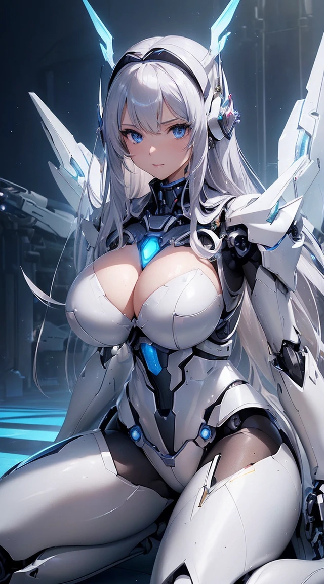 (Sit on one knee on the machine:1.6)、(Full body description:1.3)、((Shining lenses on both breasts:1.3))、((Blue pillars of light are emanating from both chests.:1.3))、smile、((8K)), ((32k)), ((Highest quality)), ((masterpiece)), ((超A high resolution)), ((Tmasterpiece)), ((Halation:1.4))、((Mechaニカルheadgear:1.2))、((Cyber Headphones:1.3))、Fine skin, High quality fabric, Fine metal texture、((Beautiful and dense face))、RAW Photos、Professional, Ultra-fine painting, ((alone)), Beautiful breasts、Highest quality, Very detailed, Very detailed詳細, Finer details, so beautiful, ((Princess Knight Robot:1.2)),  (Joints of machines, Mechanical Limbs:1.3), (The internal structure of the machine is exposed:1.3), (Long silver hair:1.1), (Beautiful and huge mechanical breasts)、White Veil, cowboy_shot, Side Focus, headgear, Shiny、(Five Fingers, Four fingers and thumb),Concept Art, Anime fantasy artwork, Detailed fantasy art, (with pale blue-violet hair and large white wings,,,,,,,), (((Long silver hair))), (Mecha:1.6)、Sleek and intimidating design, ((Commander-in-Chief&#39;arm)), (Perfect robot body)、純白と青紫armまたは, Symmetrical wings, 8K high quality, detailed art, 3D rendering of character art in 8K, neat legs, Defined, Defined fingers,