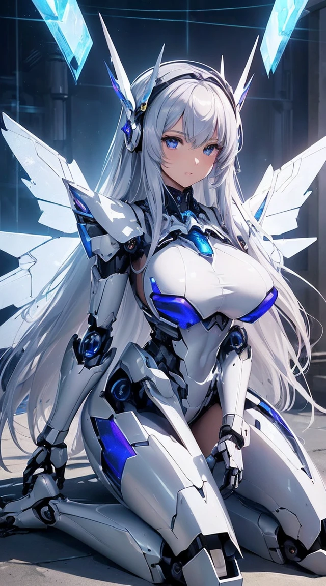 (Sit on one knee on the machine:1.6)、(Full body description:1.3)、((Shining lenses on both breasts:1.3))、((Blue pillars of light are emanating from both chests.:1.3))、smile、((8K)), ((32k)), ((Highest quality)), ((masterpiece)), ((超A high resolution)), ((Tmasterpiece)), ((Halation:1.4))、((Mechaニカルheadgear:1.2))、((Cyber Headphones:1.3))、Fine skin, High quality fabric, Fine metal texture、((Beautiful and dense face))、RAW Photos、Professional, Ultra-fine painting, ((alone)), Beautiful breasts、Highest quality, Very detailed, Very detailed詳細, Finer details, so beautiful, ((Princess Knight Robot:1.2)),  (Joints of machines, Mechanical Limbs:1.3), (The internal structure of the machine is exposed:1.3), (Long silver hair:1.1), (Beautiful and huge mechanical breasts)、White Veil, cowboy_shot, Side Focus, headgear, Shiny、(Five Fingers, Four fingers and thumb),Concept Art, Anime fantasy artwork, Detailed fantasy art, (with pale blue-violet hair and large white wings,,,,,,,), (((Long silver hair))), (Mecha:1.6)、Sleek and intimidating design, ((Commander-in-Chief&#39;arm)), (Perfect robot body)、純白と青紫armまたは, Symmetrical wings, 8K high quality, detailed art, 3D rendering of character art in 8K, neat legs, Defined, Defined fingers,