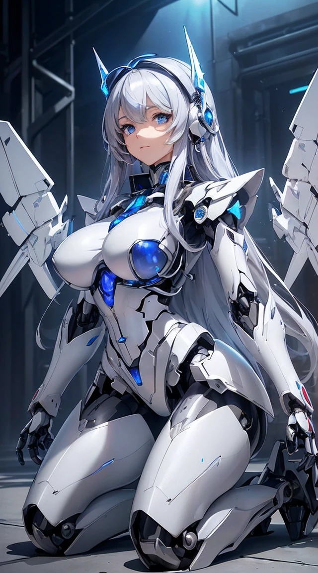 (Sit on one knee on the machine:1.6)、(Full body description:1.3)、((Shining lenses on both breasts:1.3))、((Blue pillars of light are emanating from both chests.:1.3))、smile、((8K)), ((32k)), ((Highest quality)), ((masterpiece)), ((超A high resolution)), ((Tmasterpiece)), ((Halation:1.4))、((Mechaニカルheadgear:1.2))、((Cyber Headphones:1.3))、Fine skin, High quality fabric, Fine metal texture、((Beautiful and dense face))、RAW Photos、Professional, Ultra-fine painting, ((alone)), Beautiful breasts、Highest quality, Very detailed, Very detailed詳細, Finer details, so beautiful, ((Princess Knight Robot:1.2)),  (Joints of machines, Mechanical Limbs:1.3), (The internal structure of the machine is exposed:1.3), (Long silver hair:1.1), (Beautiful and huge mechanical breasts)、White Veil, cowboy_shot, Side Focus, headgear, Shiny、(Five Fingers, Four fingers and thumb),Concept Art, Anime fantasy artwork, Detailed fantasy art, (with pale blue-violet hair and large white wings,,,,,,,), (((Long silver hair))), (Mecha:1.6)、Sleek and intimidating design, ((Commander-in-Chief&#39;arm)), (Perfect robot body)、純白と青紫armまたは, Symmetrical wings, 8K high quality, detailed art, 3D rendering of character art in 8K, neat legs, Defined, Defined fingers,