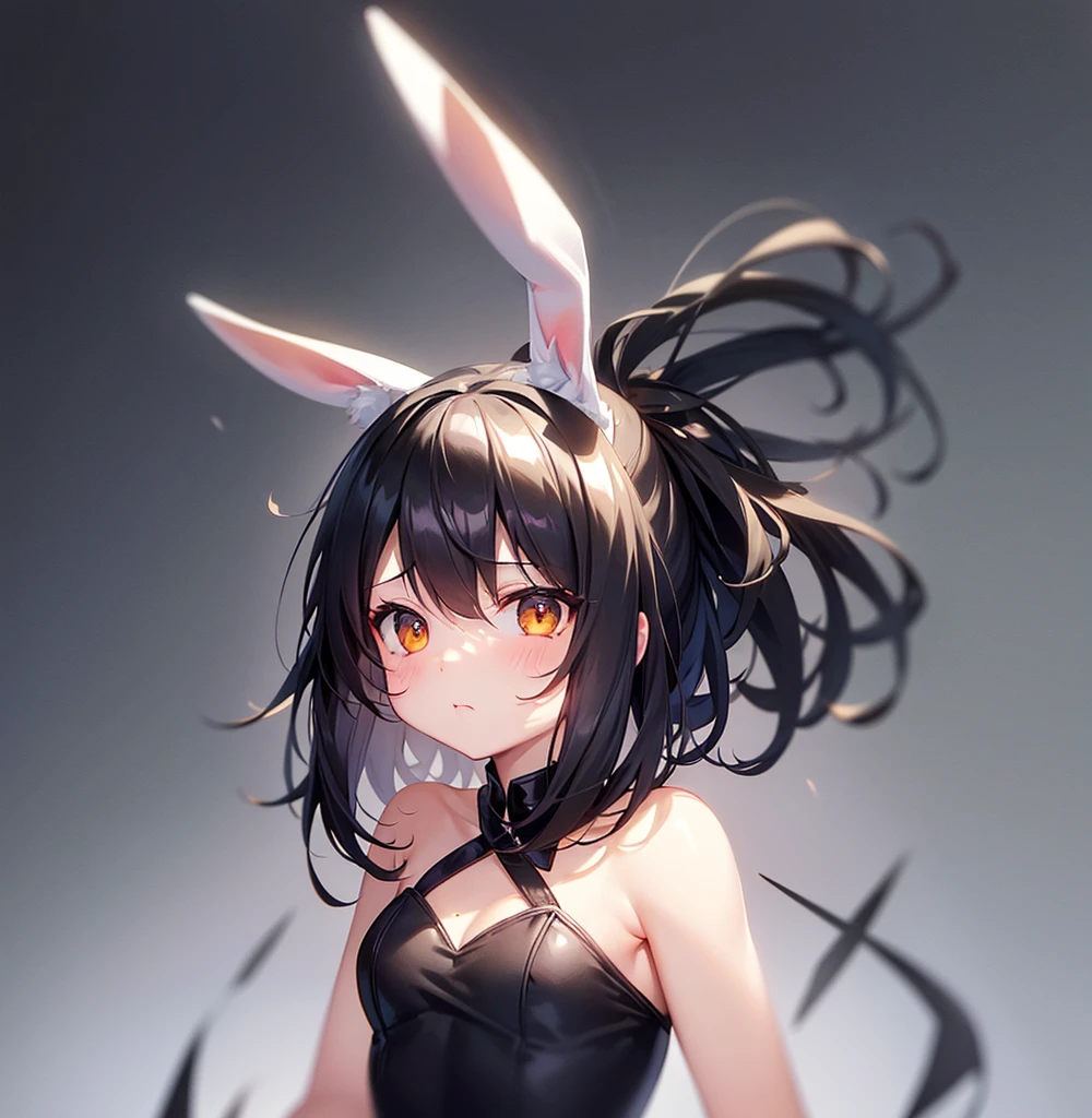 (Bunny girl),e litiny ,Small girildish face, Very fine clean face,Top quality,Black Hair,(Dark Room), Subtle light, Natural light,Soft lighting,Light from directly behind, (Are standing),With bust up,Front view,Black background