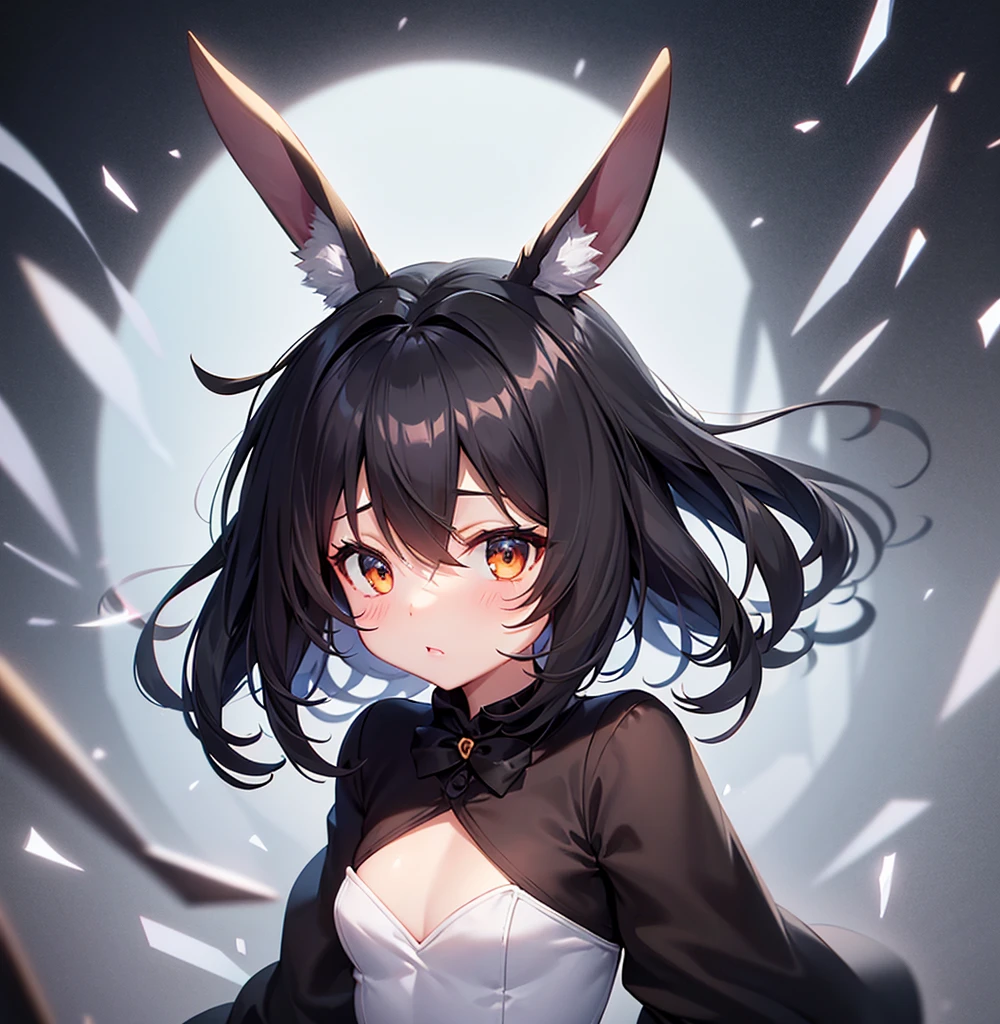 (Bunny girl),Cute little ,Tiny ,Small girl,,Childish face, Very fine clean face,Top quality,Black Hair,(Dark Room), Subtle light, Natural light,Soft lighting,Light from directly behind, (Are standing),With bust up,Front view,Black background