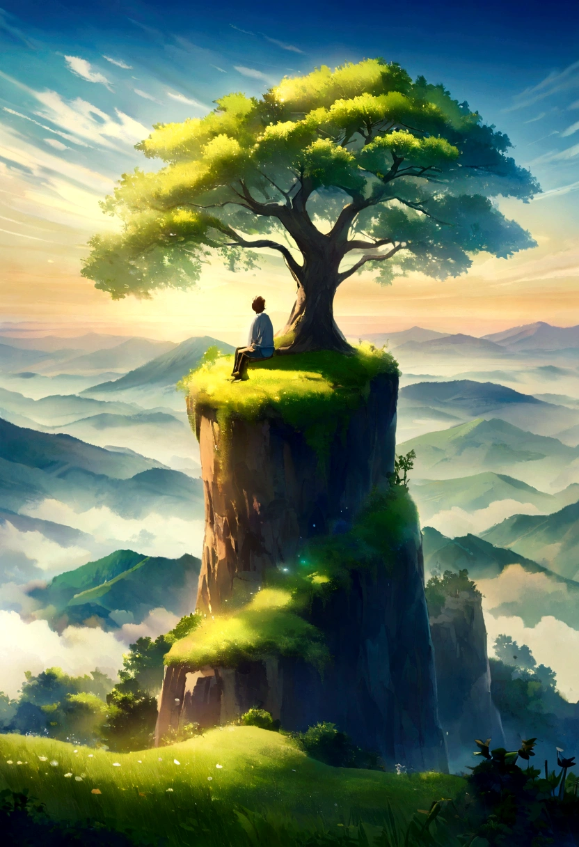Gojo Satoru sitting on the top of a mountain, Watch the sunrise. The scene is peaceful, The brilliant colors of dawn light up the sky,The vegetation on the mountain is lush and green. The tranquil surroundings and peaceful natural scenery create a calming atmosphere. Detailed texture, Bright colors, Ethereal Lights, High-definition quality