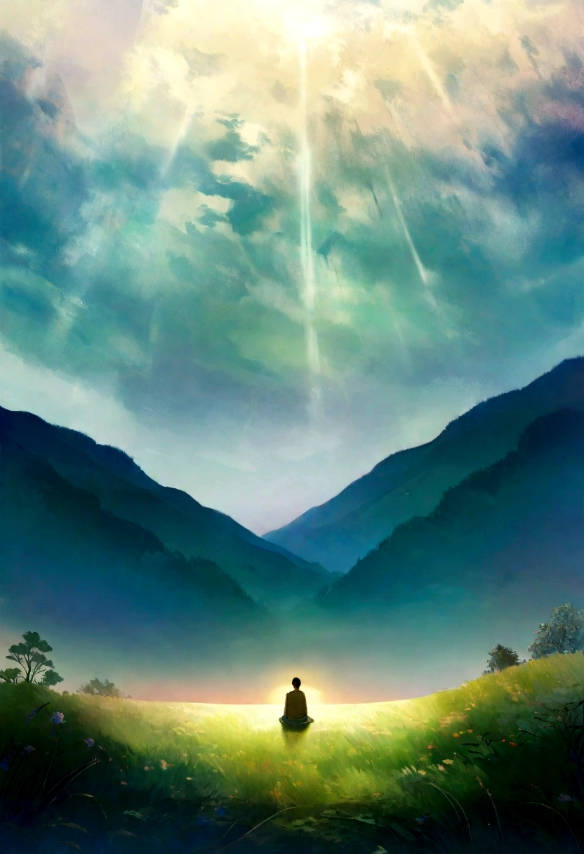 Gojo Satoru sitting on the top of a mountain, Watch the sunrise. The scene is peaceful, The brilliant colors of dawn light up the sky,The vegetation on the mountain is lush and green. The tranquil surroundings and peaceful natural scenery create a calming atmosphere. Detailed texture, Bright colors, Ethereal Lights, High-definition quality