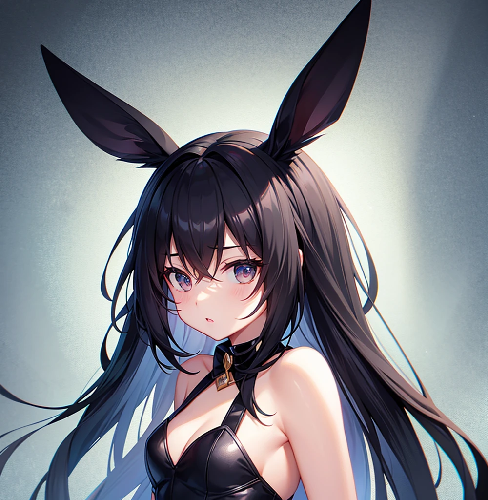 (Bunny girl),e litiny ,Small girildish face, Very fine clean face,Top quality,Black Hair,(Dark Room), Subtle light, Natural light,Soft lighting,Light from directly behind, (Are standing),With bust up,Front view,Black background