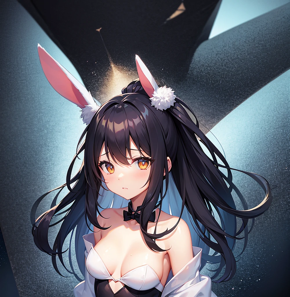 (Bunny girl),Cute little ,Tiny ,Small girl,,Childish face, Very fine clean face,Top quality,Black Hair,(Dark Room), Subtle light, Natural light,Soft lighting,Light from directly behind, (Are standing),With bust up,Front view,Black background