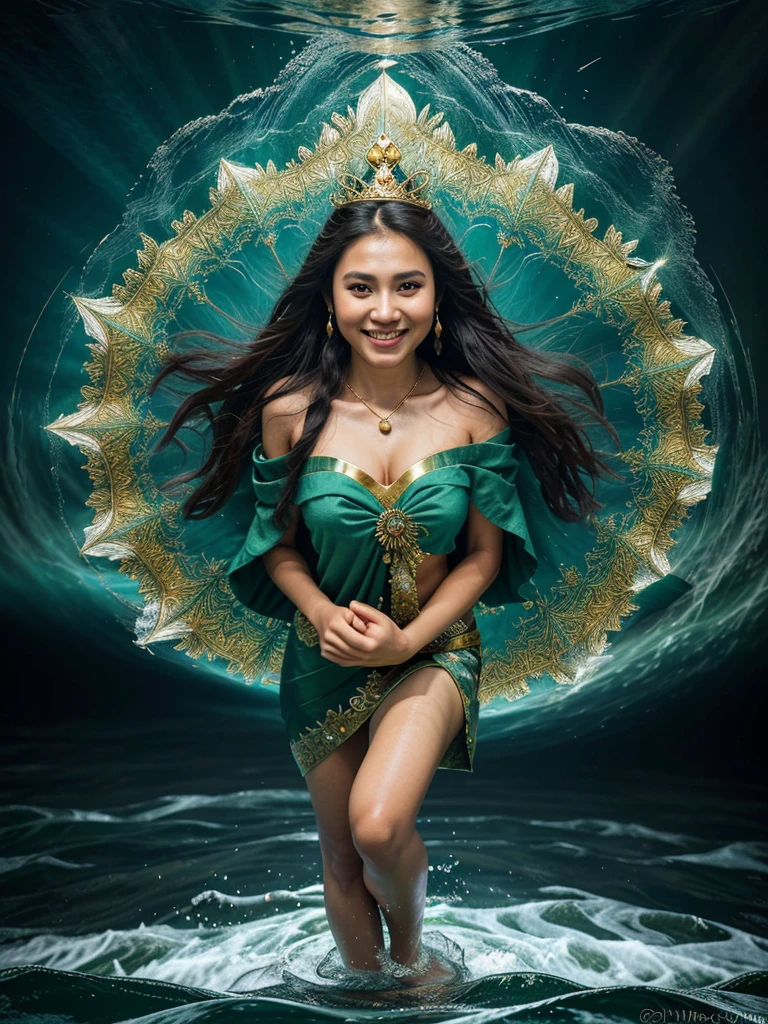 the best work of art, Kanjeng Ratu Kidul, Queen of the South Coast, beautiful woman, long hair blowing in the wind, smiling and somewhat serious face, wearing a small gold crown with a crystal arrangement in the middle, dark green kemben (camisole) luxurious jewelry, dark green shawl and cloth skirt batik sarong, smooth green and white, standing on blue water with waves and with a dramatic effect, surrounded by whirlpools, creating a mystical atmosphere, fractal art, bright and shining in the center with a dark background, water manipulation, intricate details, hyperrealistic, throughout body.UHD,HD,hyperdetail