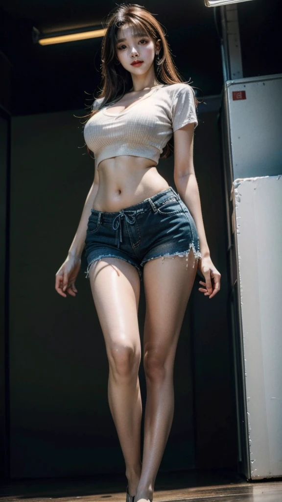 best quality, masterpiece, high resolution, 8K, (Practical: 1.4), Ultra high resolution, 1 girl, Super detailed, 超Reality主义, Highly detailed CG illustrations, Official Art, light, Reality, young beautiful girl, Perfect body, Perfect body, full view, Perfect body, (start from below: 1.3), mask, posture, Sexy long legs, confident, Beautiful and sexy, Short sleeve, open belly, Super shorts, S-Shaped Body, Upturned buttocks, Assumptions, 摆posture, Different perspectives,Bright,