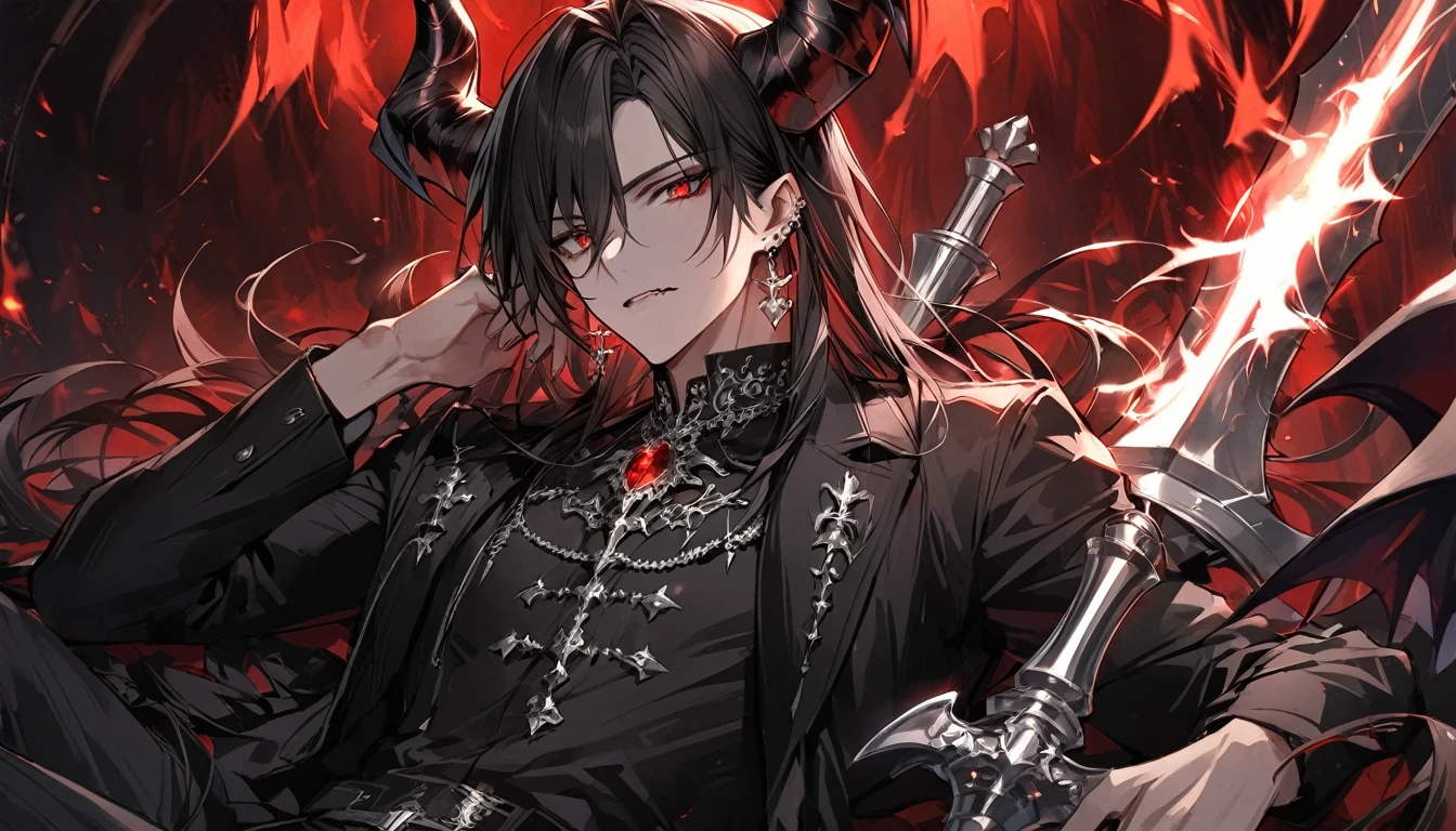 alone, good looking, 1 male, Long hair, Middle parted, Black hair, Red eyes, Black shirt, White Thailand, Black Trench Coat, Royal Silver Jewellery, Royal Demon Earrings, Black horns, Demon Crown, Demonic Greatsword, On Back, Demonic Black flames Aura, Playing Chess