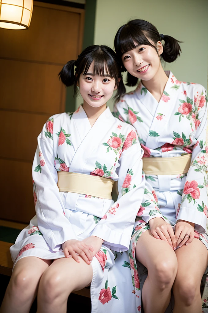 2 girls in ryokan,school trips,long-sleeved floral yukata,white loincloth,18-year-old,bangs,a little smile,thighs,knees,short hair with low pigtails bunches,from below,front light