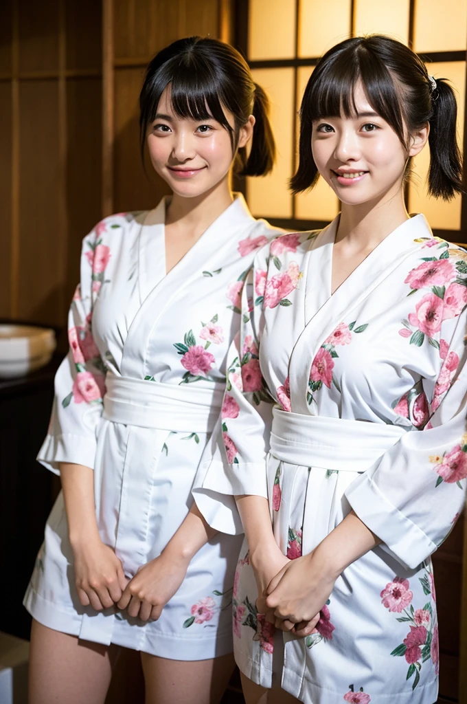 2 girls in ryokan,school trips,long-sleeved floral yukata,white loincloth,18-year-old,bangs,a little smile,thighs,knees,short hair with low pigtails bunches,from below,front light