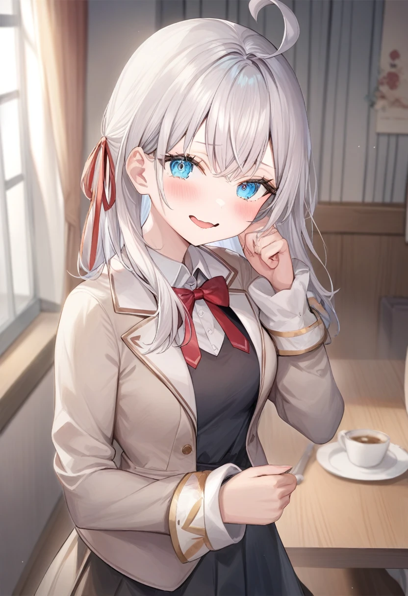 One girl,  Alisa Mikhailovna Kujo,Tomorrow, my friend, Arya-san, will be visiting Russia.,alone, Long Hair, Eyebrows visible through hair, Hair between the eyes, Silver Hair, Hair Ribbon, blue eyes, Medium chest, ,Long sleeve, Jacket,
View your viewers, 
Highest quality, so beautiful, 